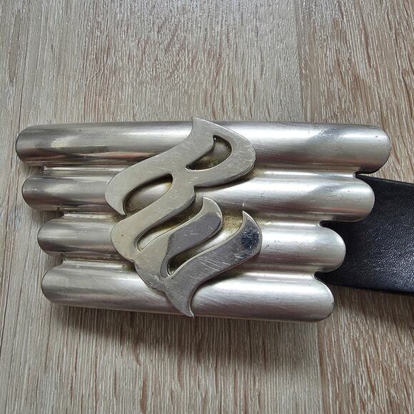 Vintage Rocawear Black Leather Large Silver Tone Logo Buckle One Size Large XL - Picture 2 of 8